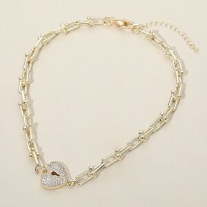 14K Gold Plated Pave Heart Lock Hardware Chain Necklace